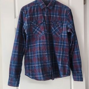 Casual Plaid Button-Down Shirt - Blue and Purple